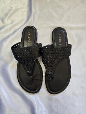 Talbots Black Perforated Leather Thong Sandals